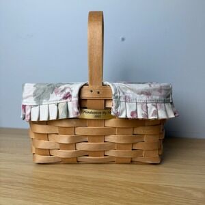 Longaberger Basket Unisex Small Tan 2003 Handwoven Floral Liner Farmhouse Rustic